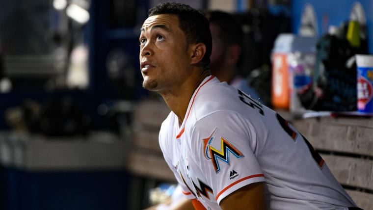 Watch: Marlins OF Giancarlo Stanton loses glove over outfield wall image