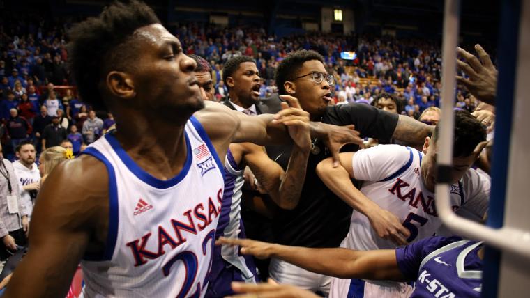 Late block ignites massive brawl in Kansas' blowout win over Kansas State image