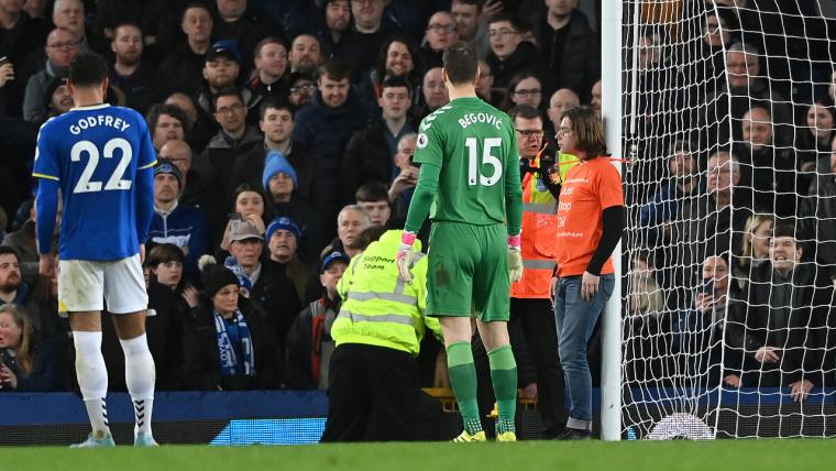 'Never seen anything like it' - Premier League game paused by protester who tied themselves to goalpost image