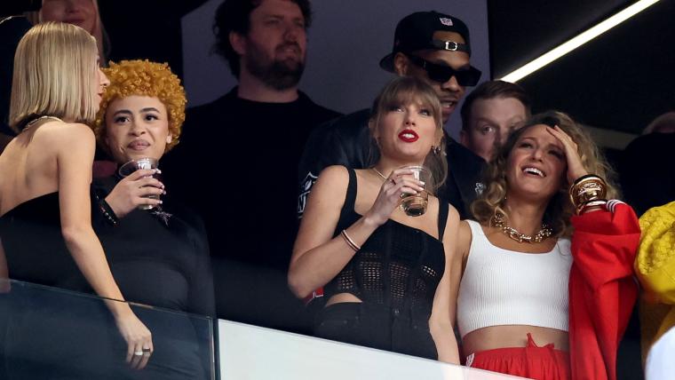 Taylor Swift chugs drink on Jumbotron at Super Bowl 58 image