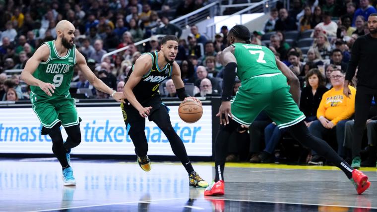 Derrick White, Tyrese Haliburton and Jaylen Brown