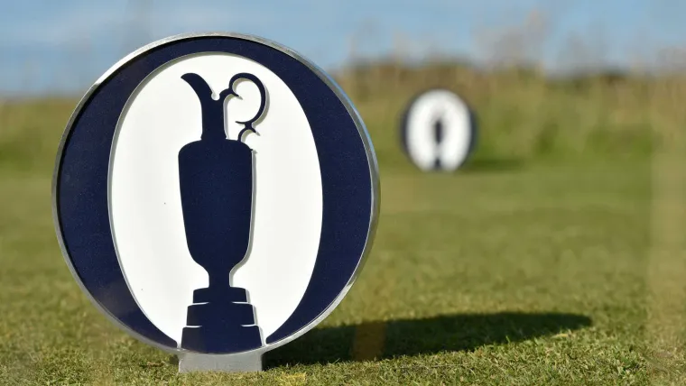 Claret Jug logos on tee boxes at St. Andrews.