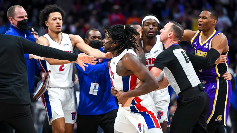 Isaiah Stewart reacts to an incident with LeBron James