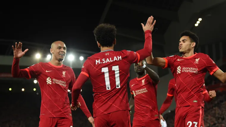 Mohamed Salah, Luis Diaz, and Fabinho of Liverpool vs Leeds