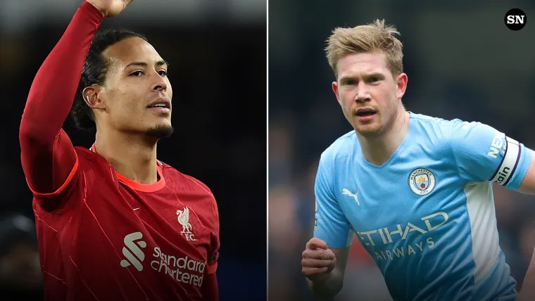 Virgil van Dijk of Liverpool and Kevin de Bruyne of Man City split