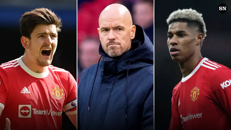 Harry Maguire (L), Erik ten Hag (C) and Marcus Rashford (R) of Manchester United