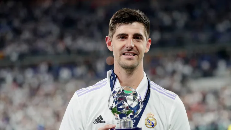 Thibaut Courtois of Real Madrid with the Champions League final Man of the Match award