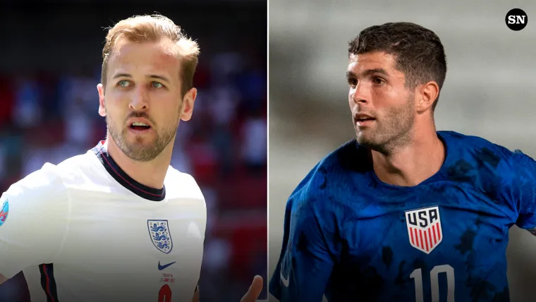 Harry Kane of England and Christian Pulisic of USA split