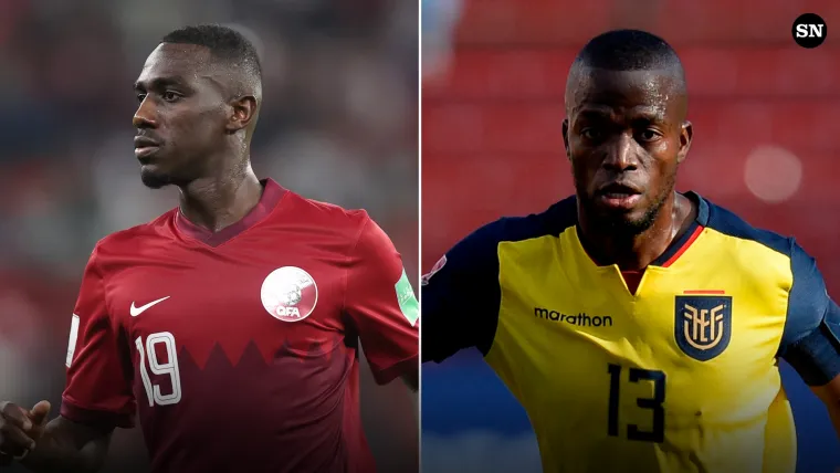 Almoez Ali of Qatar and Enner Valencia of Ecuador split