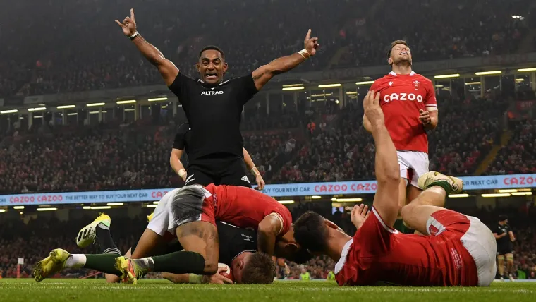 Caleb Clarke celebrates a New Zealand try against Wales