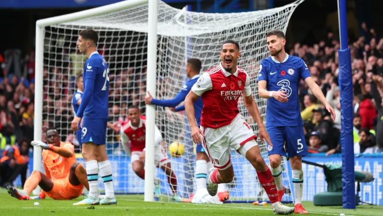 William Saliba celebrates for Arsenal against Chelsea