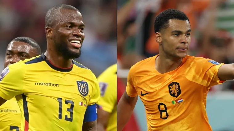 Enner Valencia of Ecuador and Cody Gakpo of Netherlands split