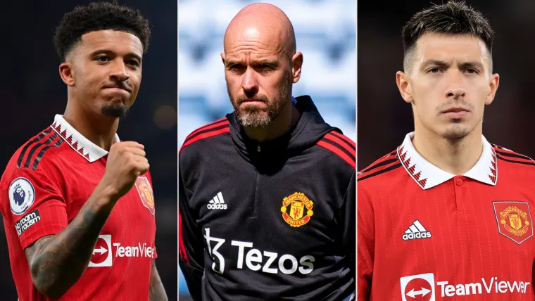 Jadon Sancho (L), Erik ten Hag (C), and Lisandro Martinez