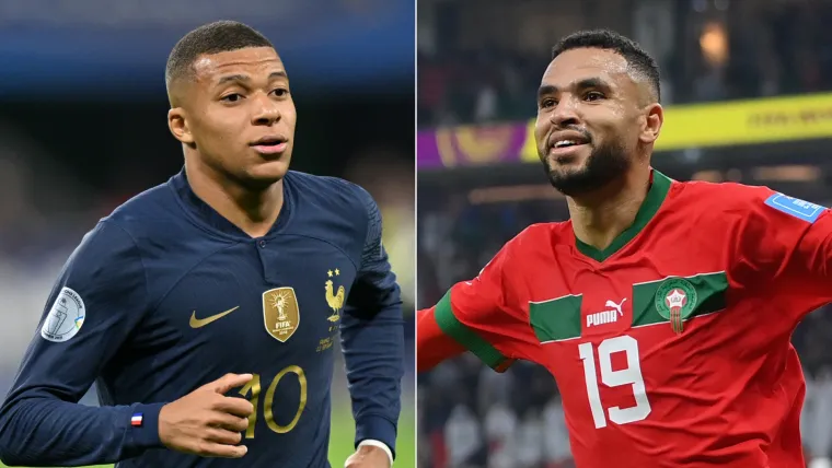 Kylian Mbappe of France and Youssef En-Nesyri of Morocco split