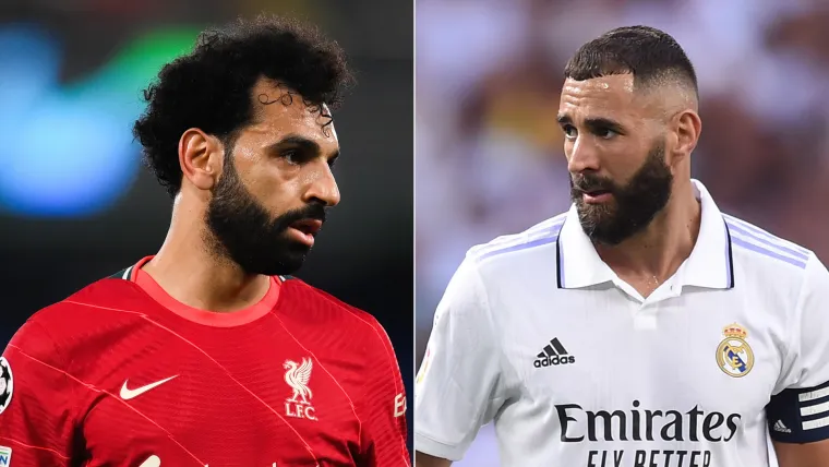 Mohamed Salah of Liverpool and Karim Benzema of Real Madrid split