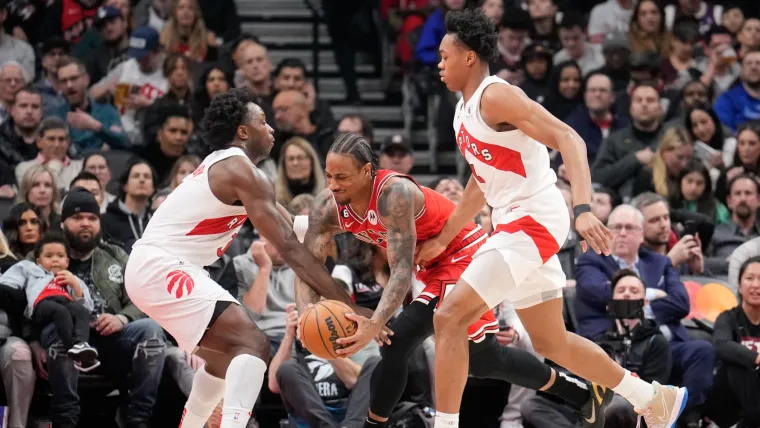 O.G. Anunoby, DeMar DeRozan and Scottie Barnes