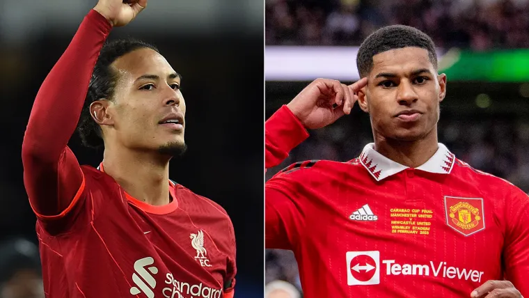 Virgil van Dijk of Liverpool and Marcus Rashford of Man United split