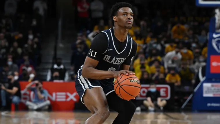 Bronny James shoots during the Hoophall West tournament