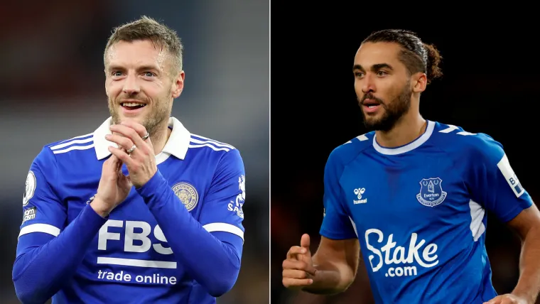 Jamie Vardy of Leicester City and Dominic Calvert-Lewin of Everton split