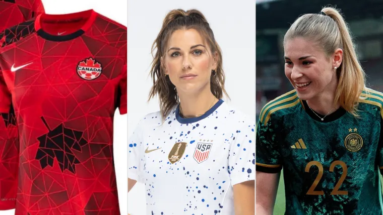 Canada kit, Alex Morgan of USA, and Melanie Leupolz of Germany split