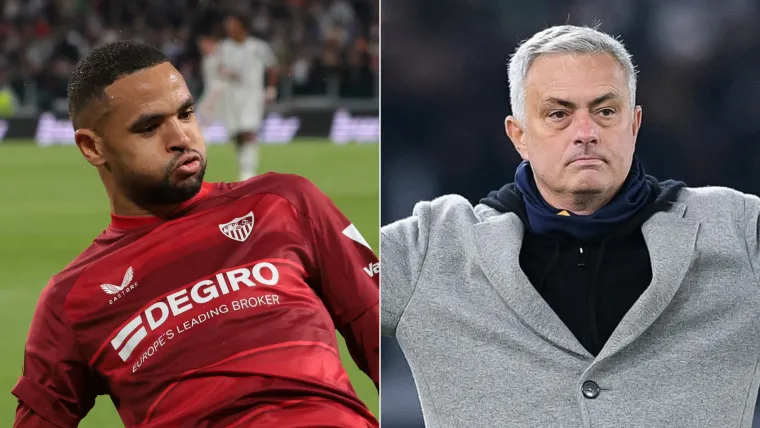 Youssef En Nesyri of Sevilla and Jose Mourinho of Roma split