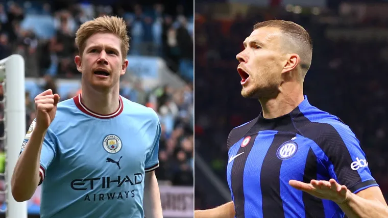 Kevin de Bruyne of Man City and Edin Dzeko of Inter split