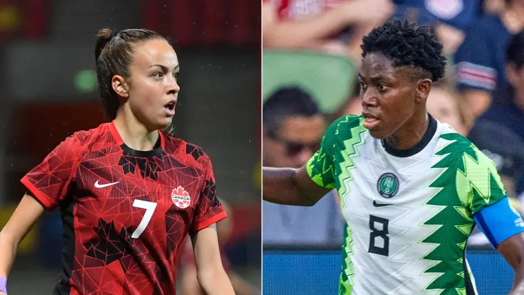 Julia Grosso of Canada and Asisat Oshoala of Nigeria split