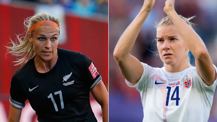 Hannah Wilkinson of New Zealand and Ada Hegerberg of Norway split