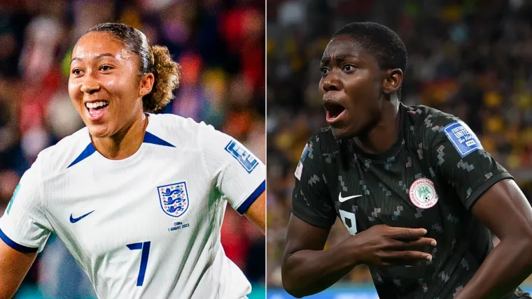 Lauren James of England and Asisat Oshoala of Nigeria split