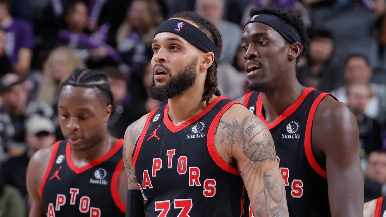 O.G. Anunoby, Gary Trent and Pascal Siakam