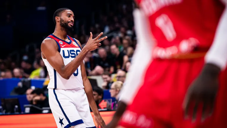 Mikal Bridges celebrates a three pointer at the FIBA World Cup 2023