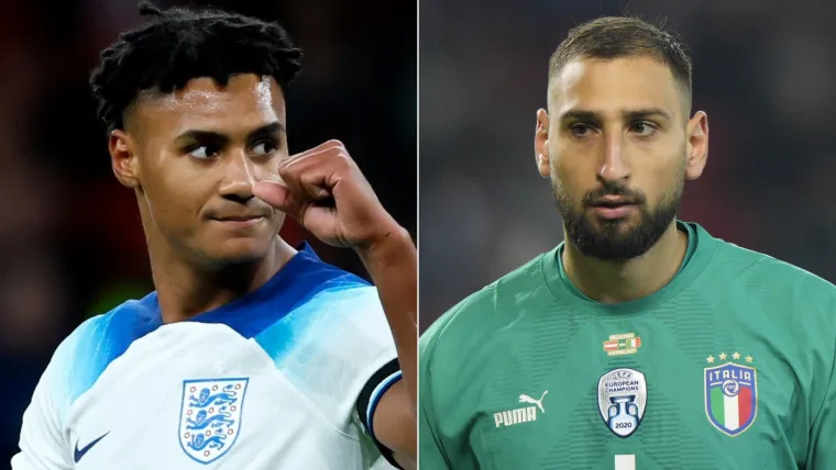 Ollie Watkins of England and Italy's Gianluigi Donnarumma playing football