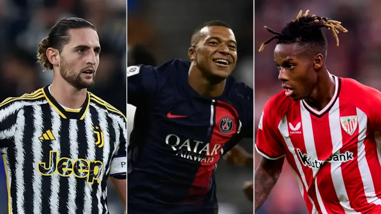 Adrien Rabiot of Juventus, Kylian Mbappe of PSG, and Nico Williams of Athletic Club split