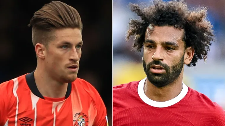 Luton's Reece Burke and Liverpool's Mohamed Salah playing football