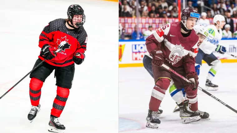 Canada's Macklin Celebrini and Latvia's Dans Locmelis