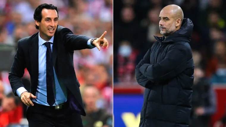 Aston Villa manager Unai Emery and Man City boss Pep Guardiola watching football