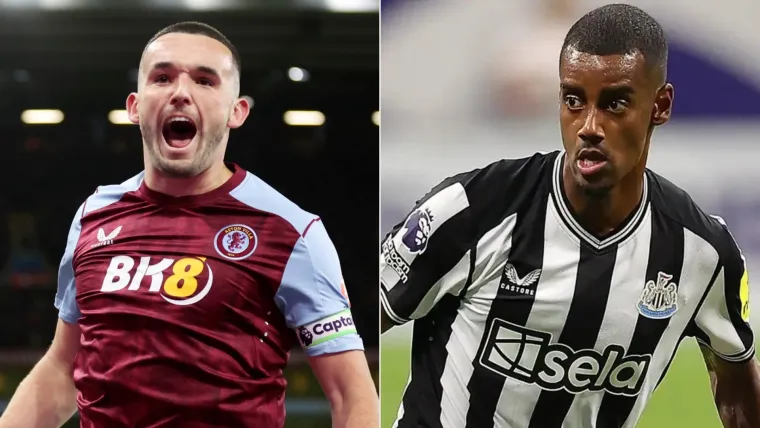 John McGinn of Aston Villa and Alexander Isak of Newcastle split