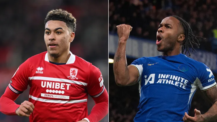 Morgan Rogers of Middlesbrough and Raheem Sterling of Chelsea split