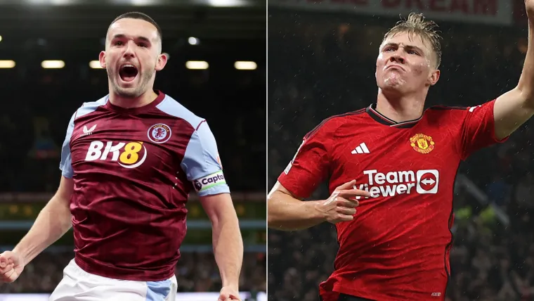 John McGinn of Aston Villa and Rasmus Hojlund of Man United split