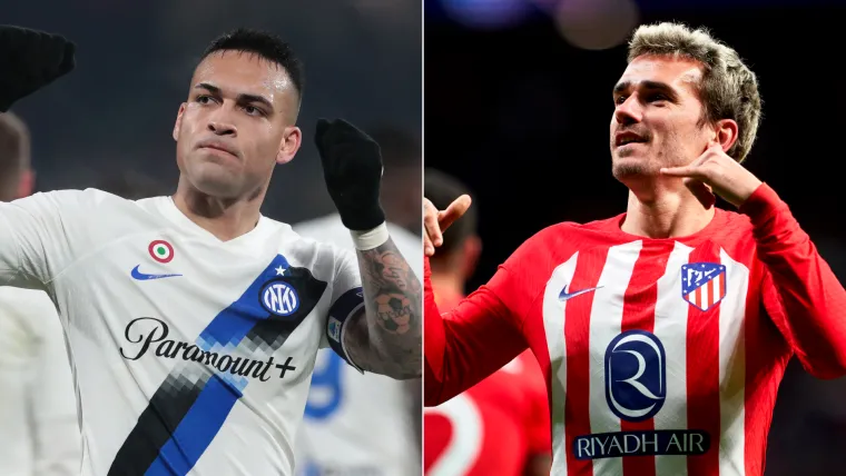 Lautaro Martinez of Inter and Antoine Griezmann of Atletico Madrid split