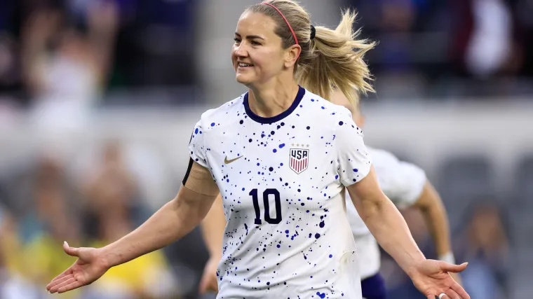 USWNT captain Lindsey Horan celebrates scoring a goal