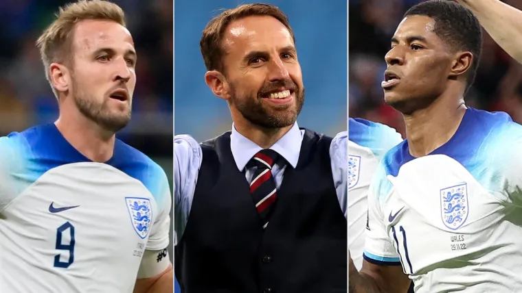 Harry Kane (L), Gareth Southgate (C) and Marcus Rashford (R)