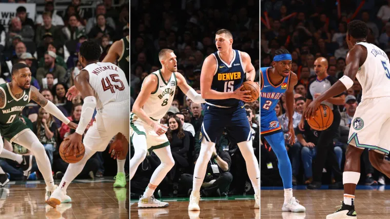 Damian Lillard, Donovan Mitchell, Kristaps Porzingis, Nikola Jokic, Shai Gilgeous-Alexander and Anthony Edwards