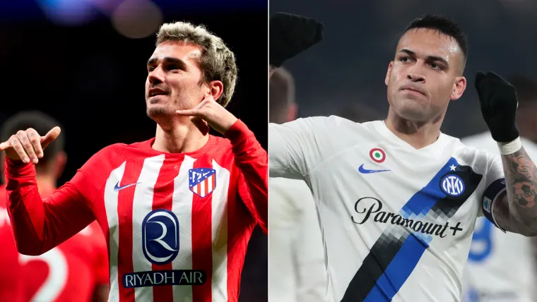 Antoine Griezmann of Atletico Madrid and Lautaro Martinez of Inter split