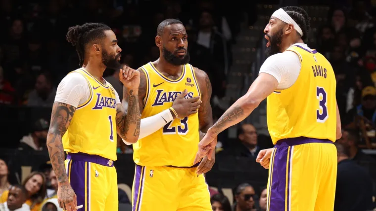 D'Angelo Russell, LeBron James and Anthony Davis