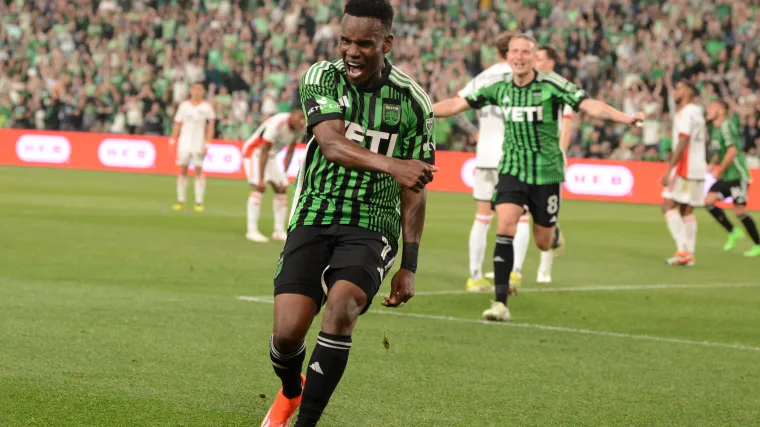 Jader Obrian celebrates scoring a goal for Austin FC