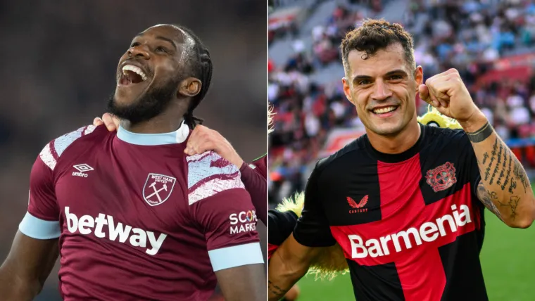 Michail Antonio of West Ham and Granit Xhaka of Bayer Leverkusen split