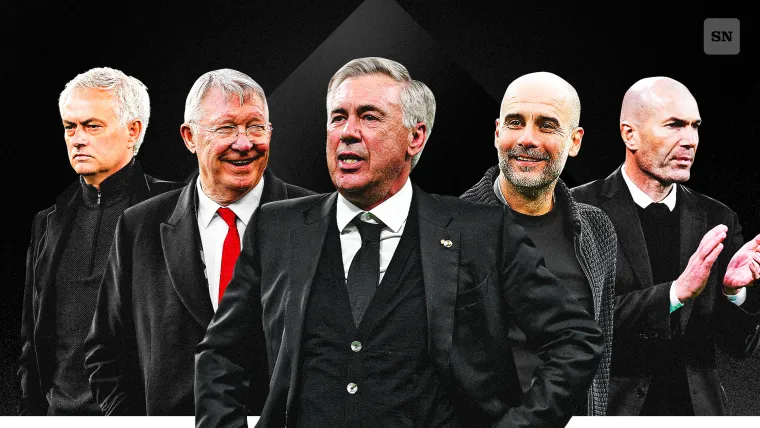 From left to right: Jose Mourinho, Alex Ferguson, Carlo Ancelotti, Pep Guardiola, Zinedine Zidane