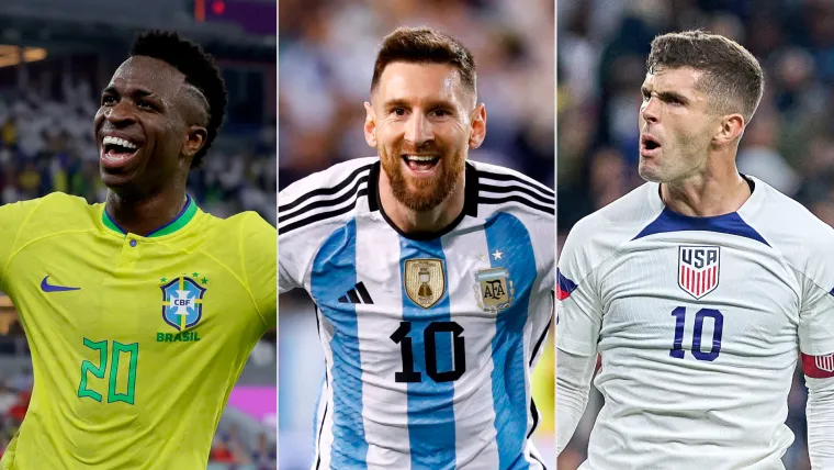 Vinicius Jr of Brazil, Lionel Messi of Argentina, and Christian Pulisic of USA split