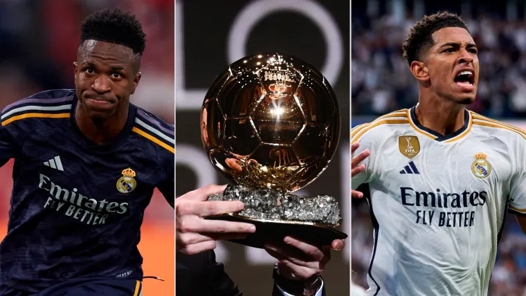 Vinicius Jr and Jude Bellingham of Real Madrid with Ballon d'Or trophy split